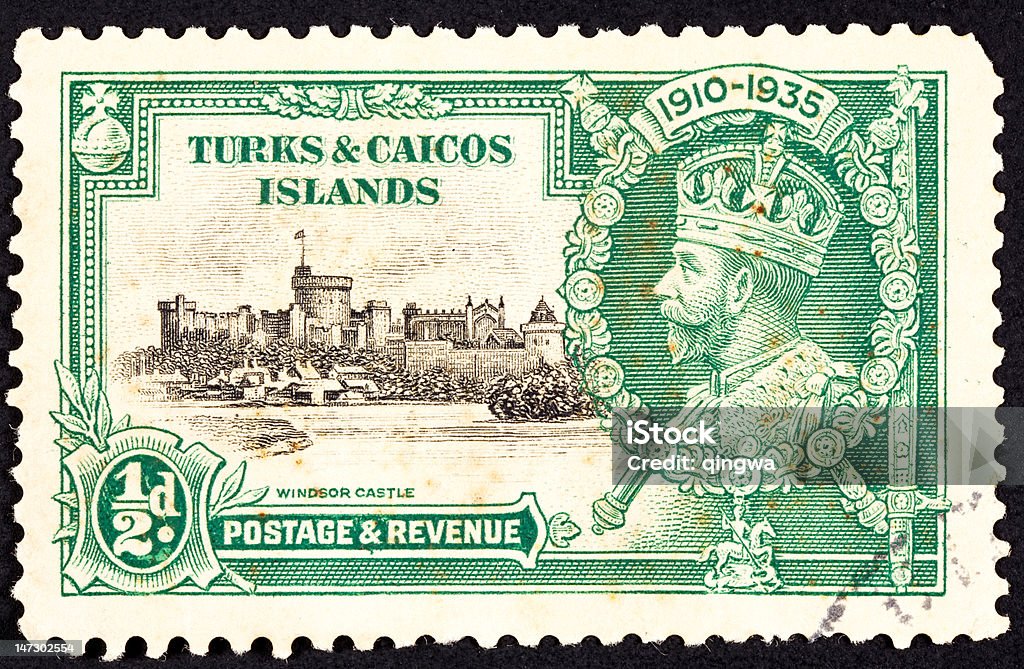 Отменено Теркс и Кайкос Почтовая марка King George V Виндзор Замок - Стоковые фото Англия роялти-фри