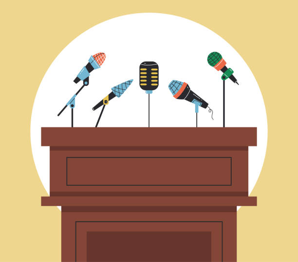 bildbanksillustrationer, clip art samt tecknat material och ikoner med press conference microphone podium public speech speak platform concept. vector graphic design element illustration - mediayrke