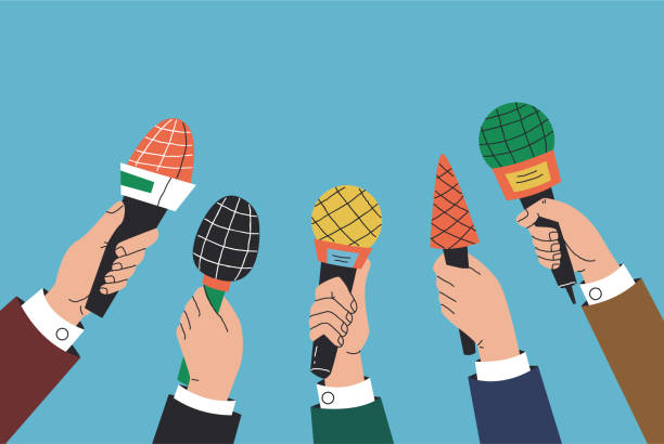 illustrations, cliparts, dessins animés et icônes de conférence de presse micro nouvelles interview journaliste média caméra microphone concept. illustration d’éléments de conception graphique vectorielle - interview entretien