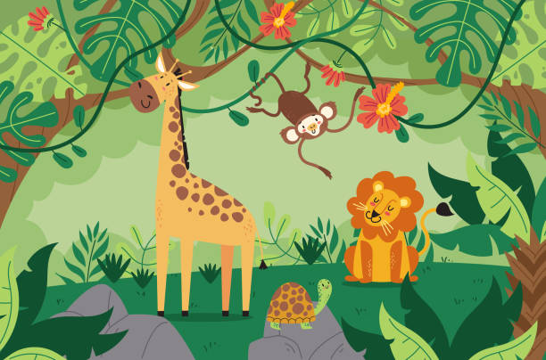 zwierzę drzewo dżungli zoo dzika natura koncepcja kreskówki. ilustracja grafiki wektorowej - tropical rainforest animal cartoon lion stock illustrations