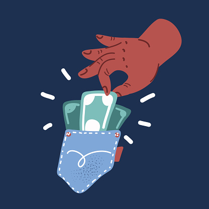 Cartoon vector illustration of Pick pocketing: gloved hand stealing money from victim's pocket, financial crime over dark background