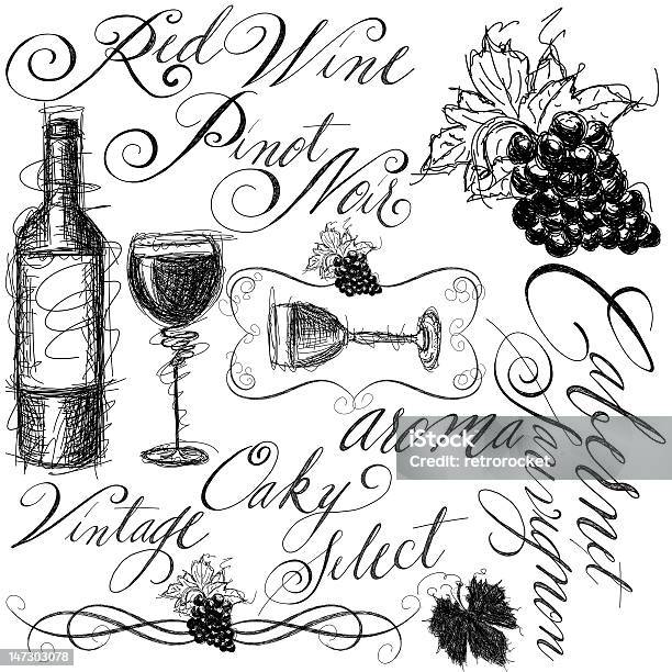 Ilustración de Vino Con Caligrafía Roja y más Vectores Libres de Derechos de Hoja de la vid - Hoja de la vid, Abstracto, Acurrucado