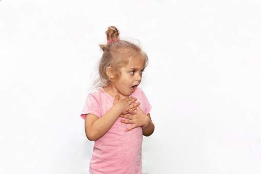 Scared child with mouth open touching her chest