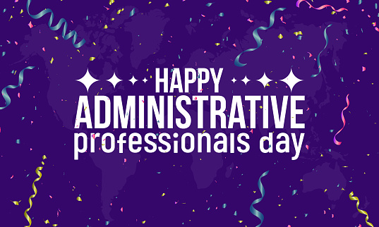 Administrative Professionals Day. secretaries, administrative, executive, personal assistants day concept banner, card, template design with confetti effect in purple background. observed on April 26
