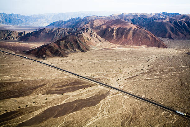 Aerial view of dry rivers and mountains in the altiplano of the Atacama Desert, Chile.