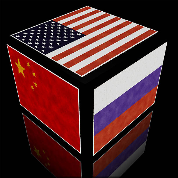 American, Chinese and Russian Flag Space Box stock photo