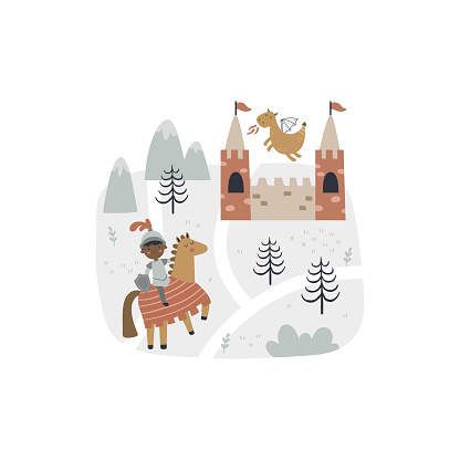 vector boho illustration of cute dragon, castle and knight on horseback on white background, adorable textile design for children