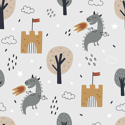 vector seamless boho pattern with cute dragons and castles on light blue background, adorable textile design for children
