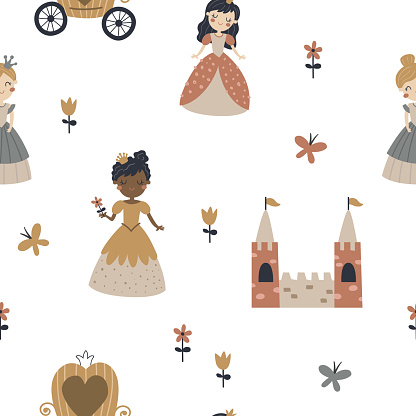 vector seamless boho pattern with cute princess, carriage and castle on white background, adorable textile design for children