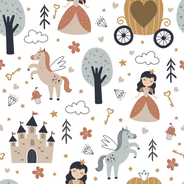 ilustraciones, imágenes clip art, dibujos animados e iconos de stock de patrón boho sin costuras vectorial con linda princesa - child preschool backgrounds baby