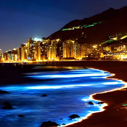 Luminous algae sprinkled on the beach line, fluorescent soft and beautiful fantasy, reflecting the lights of modern cities and buildings, brilliant and charming.