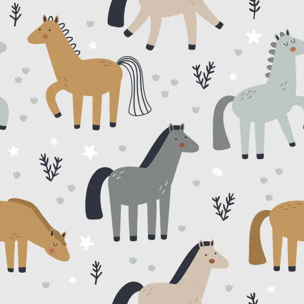 Vector illustration of vector seamless boho pattern with cute horses