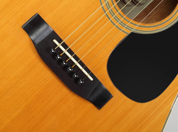 istock Musical instrument - Top view pickguard, bridge, pins and strings acoustic guitar 1473036130
