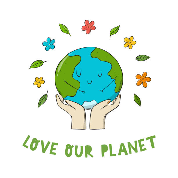 liebe unseren planeten schriftzug zitat mit händen halten planeten - earth day banner placard green stock-grafiken, -clipart, -cartoons und -symbole