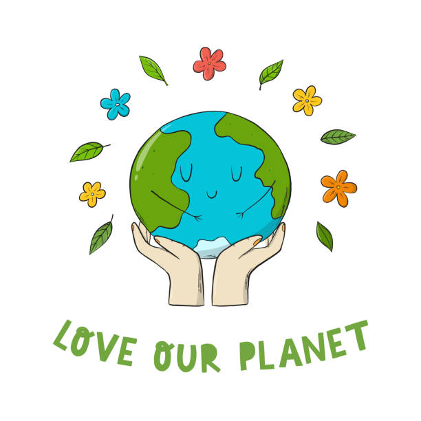 ilustrações de stock, clip art, desenhos animados e ícones de love our planet lettering quote with hands holding planet - earth day banner placard green