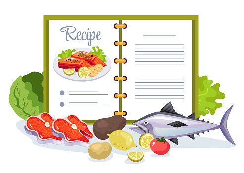 Book cook food cookbook recipe ingredients composition concept. Vector graphic design