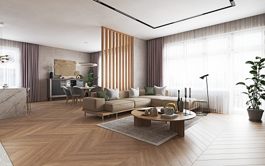Modern living interior. 3d design concept illustration