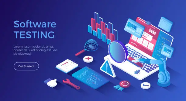 Vector illustration of Software Testing. Process evaluation software application or website. Computer code analysis. Identification and removal of defects, bugs, errors. Isometric landing page. Vector web banner.