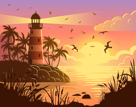 Colorful vector illustration of a seascape at sunset with a lighthouse and palms