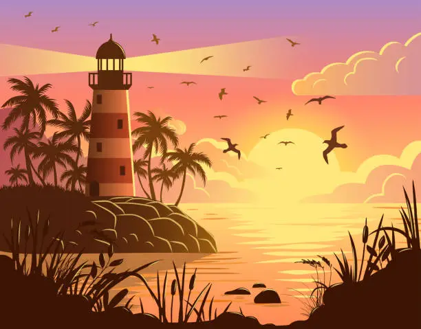 Vector illustration of Colorful vector illustration of a seascape at sunset with a lighthouse