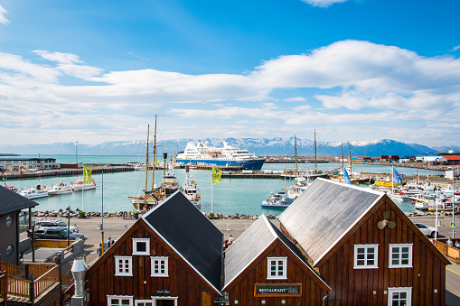 Husavik Iceland - July 15. 2021: View over port of Husavik in north Iceland
