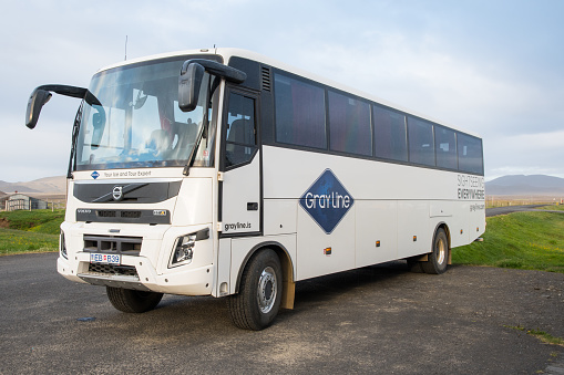 Modrudalur Iceland - July 15. 2021: Tourist bus from tour company Grey Line