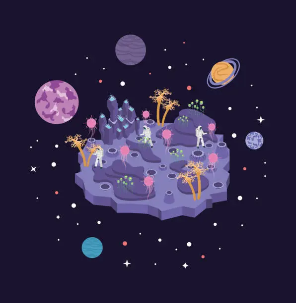 Vector illustration of Astronauts Explore a New Planet, Another planet isometric vector