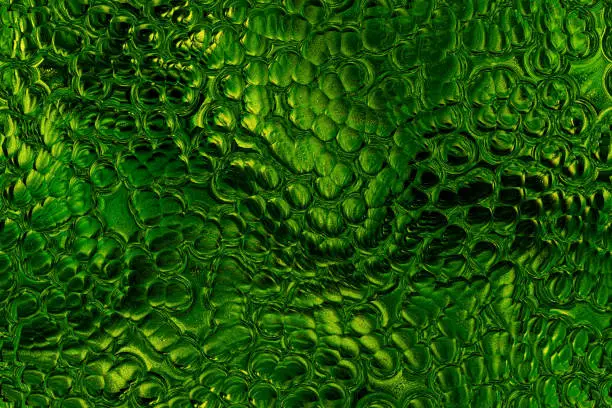 Photo of Green Gold Crocodile Leather Texture Abstract Snake Dinosaur Dragon Reptile Skin Retro Style Old Iridescent Shiny Snakeskin Surreal Alien Light Background Tropical Climate Rough Cracked Glamour Carbonated Foam Wave Pattern Seamless