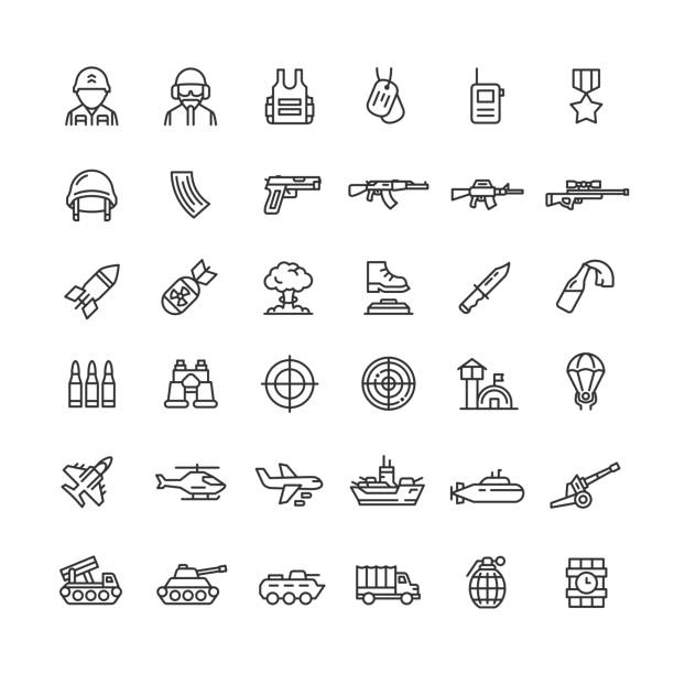 ilustrações de stock, clip art, desenhos animados e ícones de defense industry line icons. editable stroke. - conflito