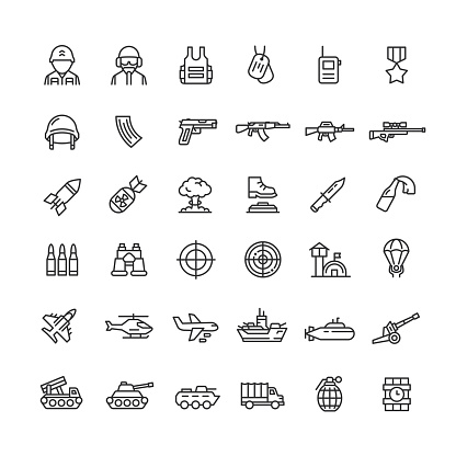 Defense industry line icons. Editable stroke. Vector illustration.