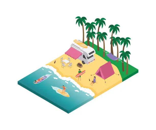 Vector illustration of Beach with Surf Isometric Vector