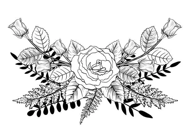 Vector illustration of Botanical Style Roses And Leaves On A Transparent Background