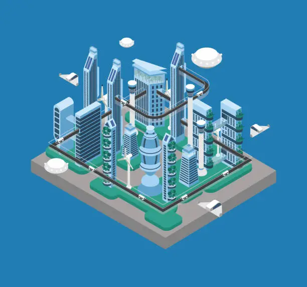 Vector illustration of Fantastic City of the Future Isometric Vector