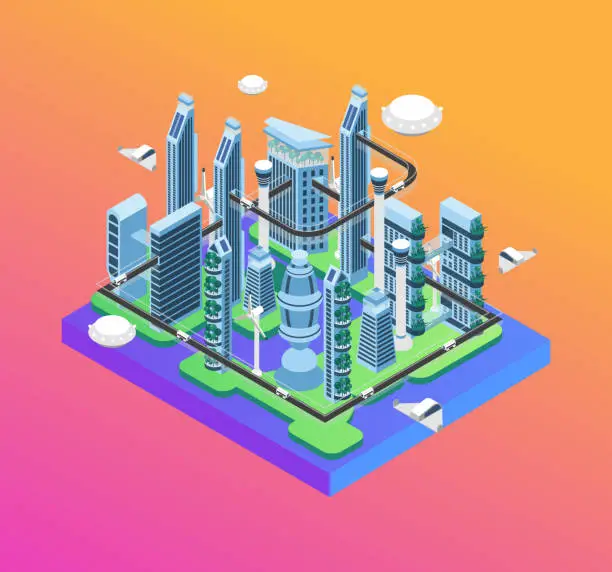 Vector illustration of Fantastic City of the Future Isometric Vector