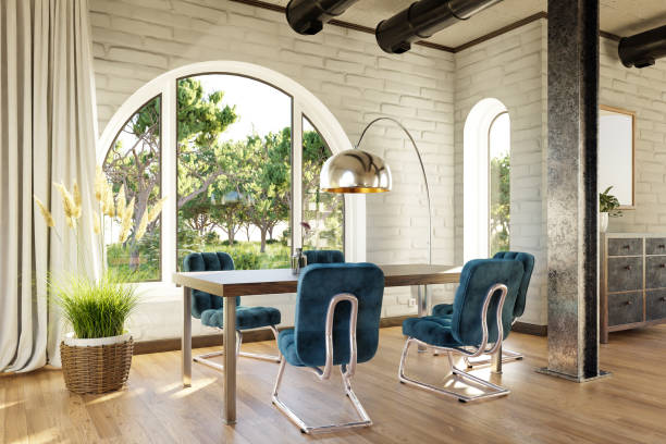 istock luxurious loft apartment with arched window and landscape view; noble dining room interior design mock up; 3D Illustration 1473052728