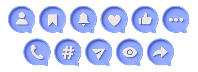 notification icons for social networks. 3d set of thumb up, heart, bell, bookmark, hashtag, arrow share, phone, view, speech bubble. illustration isolated on white background. 3D rendering