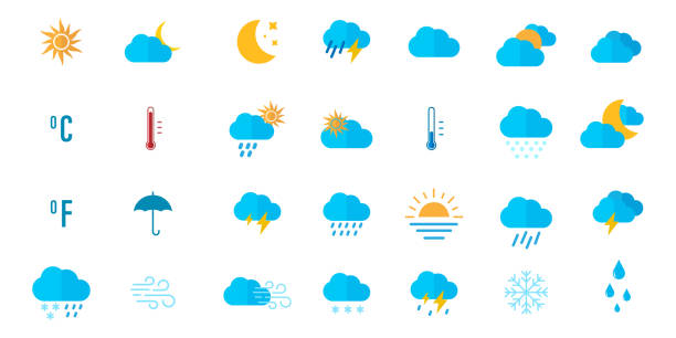 天気アイコンセット。晴れ、曇り、雨、嵐、暑い日の太陽。季節。黒い背景にベクターイラスト - barometer heat thermometer sun点のイラスト素材／クリップアート素材／マンガ素材／アイコン素材