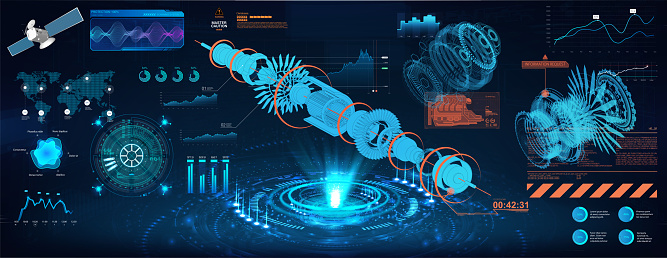 Head up display - project, holograms mechanisms. Jet engine blueprint and gear xray with futuristic HUD interface. Futuristic Geometric Parts of the Mechanism. Vector illustration
