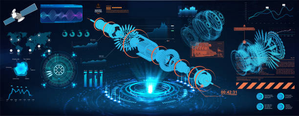 Head up display - project, holograms mechanisms Head up display - project, holograms mechanisms. Jet engine blueprint and gear xray with futuristic HUD interface. Futuristic Geometric Parts of the Mechanism. Vector illustration airplane part stock illustrations