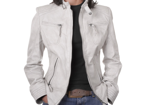 Woman wearing leather jacket isolated on white background