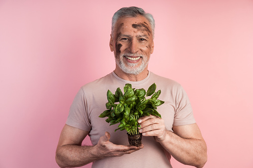 Positive, smiling farmer holding greens in his hands. Man posing on a pink background.