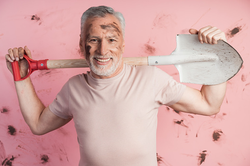 Mature, senior man with a shovel on his shoulders on a dirty pink background. Smiling gardener, farmer with dirty face isolated on blank wall background.