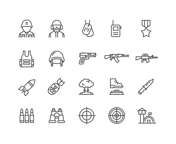 ilustraciones, imágenes clip art, dibujos animados e iconos de stock de iconos de línea de la industria de defensa. trazo editable. parte 1. - casco militar
