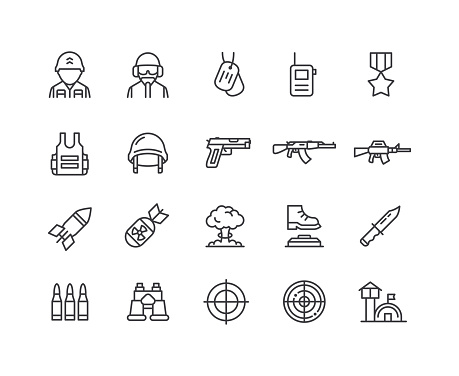 Defense industry line icons. Editable stroke. Part 1. Vector illustration.