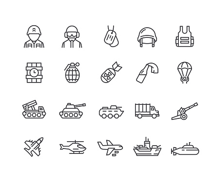 Defense industry line icons. Editable stroke. Part 2. Vector illustration.