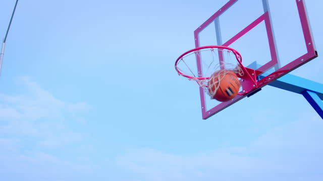 Throwing the ball into a basketball hoop, outdoor court