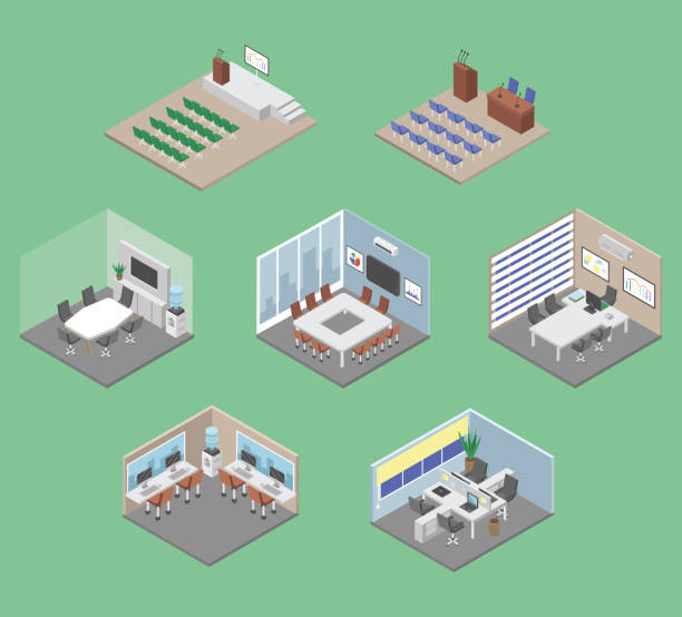 Meeting rooms, Conference Room Isometric Vector Meeting rooms, conference room. Isometric vector illustration. corporate office cubicle stock illustrations