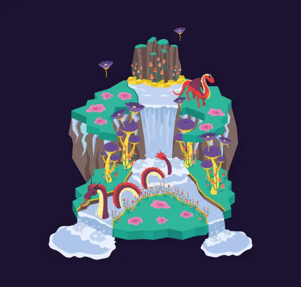 Vector illustration of Dragons Fantasy World with Waterfalls and Fantastic Plants Isometric