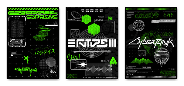 Retro futuristic posters in cyberpunk style with acid, grunge and abstract geometric shapes. Black and white cards with vaporwave elements from 80s-90s. Glitch template for merch, t-shirt. Vector set