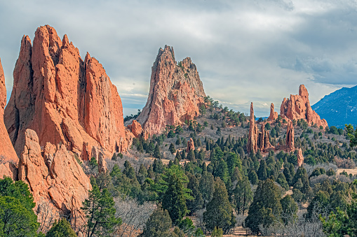 Massive red, white and pink sandstone formations in the Garden of the Gods in Colorado Springs, Colorado, western USA of North America. Garden of the Gods is a city park gifted to the city of Colorado Springs in 1909.